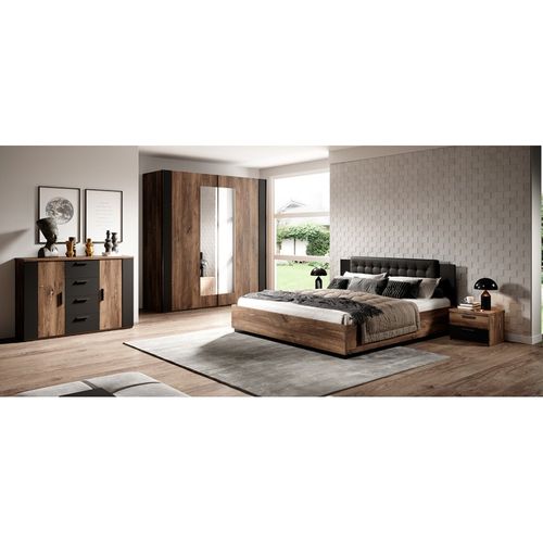 Lit Adulte 180x200 – Chêne Foncé Et Noir – Collection Fox – Sommier Non Inclus