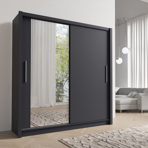 Armoire 2 Portes Coulissantes Avec Miroir 155 Cm - Gris Graphite - Collection Ozzula - Armoire BUT