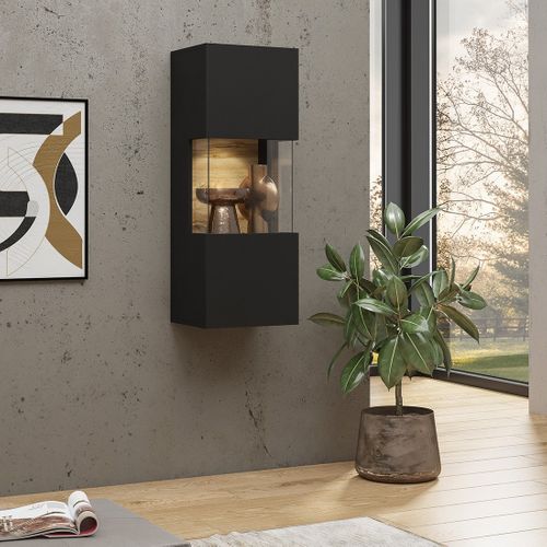 Petite Vitrine Suspendue 1 Porte Partiellement Vitrée Collection Eva. Couleur Noir Et Chêne.