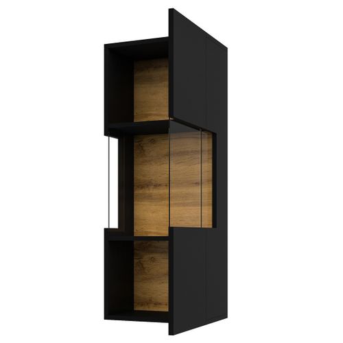 Petite Vitrine Suspendue 1 Porte Partiellement Vitrée Collection Eva. Couleur Noir Et Chêne.