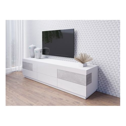Meuble TV XL Design 200cm Collection Kiles. Coloris Blanc Et Gris.