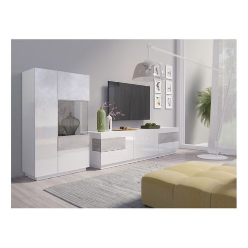 Meuble TV XL Design 200cm Collection Kiles. Coloris Blanc Et Gris.