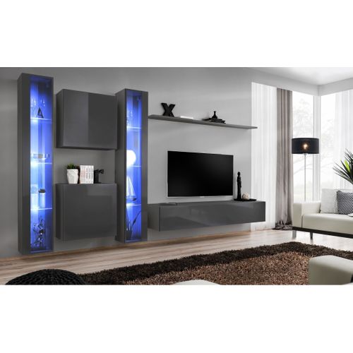 Ensemble De Meubles Mural Design Pour Salon. Collection Switch Xvi, Coloris Gris Brillant.