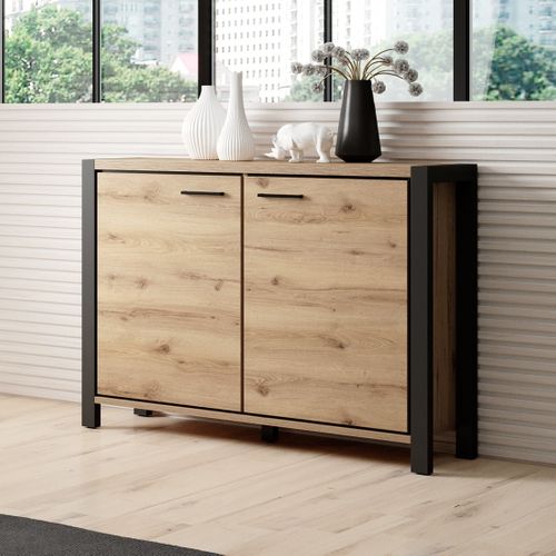 Buffet Petit Modèle 110cm Collection Tivora Avec 2 Portes Coloris Chêne Et Noir.