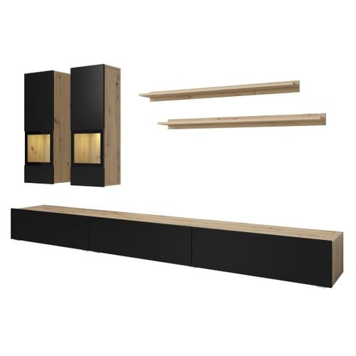 Ensemble Meubles De Salon Ramos – Chêne Et Noir Super Mat – LED Multicolores Intégrées