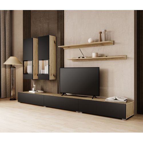 Ensemble Meubles De Salon Ramos – Chêne Et Noir Super Mat – LED Multicolores Intégrées