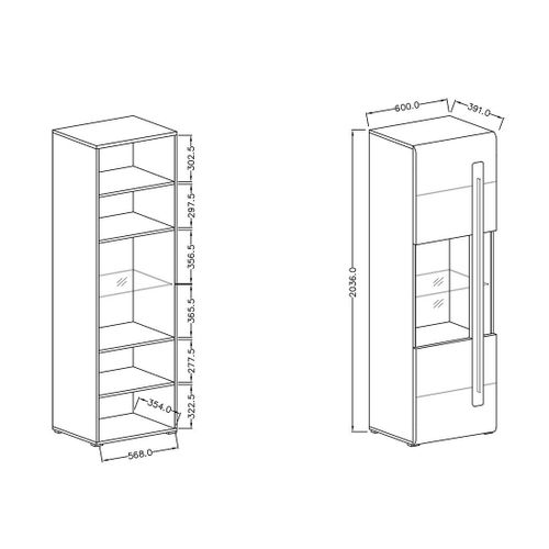 Vitrine Design Avec Éclairage LED Intégrée Collection Breda Coloris Blanc Mat Et Blanc Brillant.