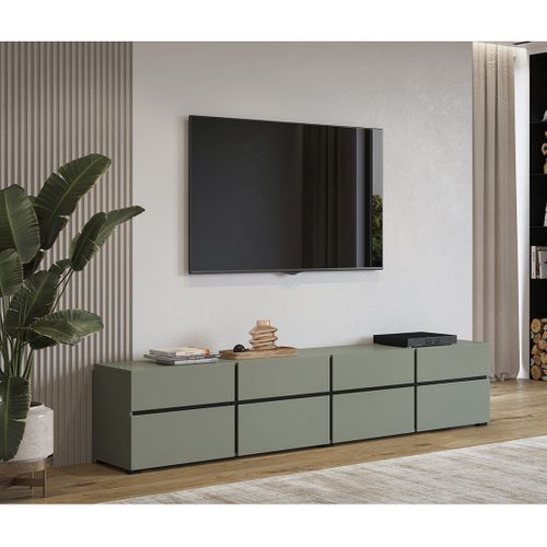 Meuble TV XL Coloris Vert Sauge Et Noir 225cm Collection Havana. Meuble Design Avec 4 Portes Et 4 T