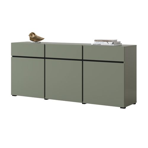 Buffet Coloris Vert Sauge 180cm Collection Havana. Bahut  Design Avec 3 Portes Et 3 Tiroirs.
