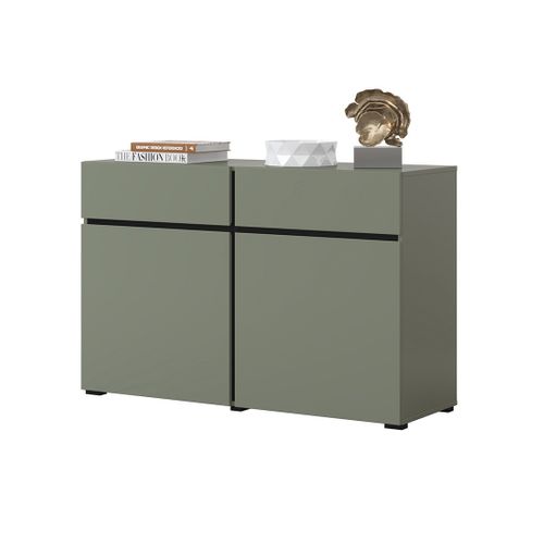 Buffet Coloris Vert Sauge 120cm Collection Havana. Bahut  Design Avec 2 Portes Et 2 Tiroirs.