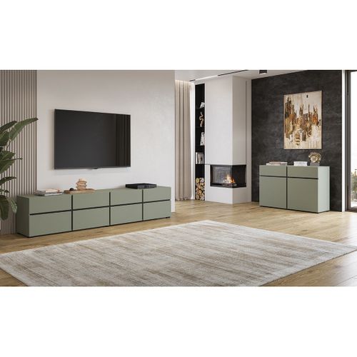 Buffet Coloris Vert Sauge 120cm Collection Havana. Bahut  Design Avec 2 Portes Et 2 Tiroirs.