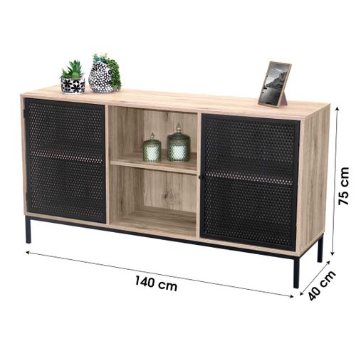 Buffet 2 Portes Avec Grillage En Métal Noir – Coloris Chêne Clair, Dimensions 100x40xh75 Cm – Colle