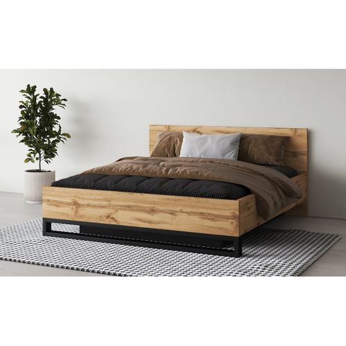 Lit Coffre 180x200 Style Industriel - Collection Milos. Coloris Chêne Brut Et Noir.