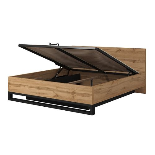 Lit Coffre 180x200 Style Industriel - Collection Milos. Coloris Chêne Brut Et Noir.