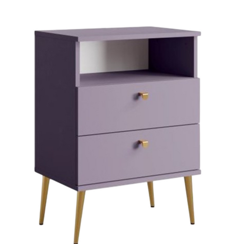 Table De Chevet Aurora – 2 Tiroirs + Niche – Violet Et Pieds Dorés