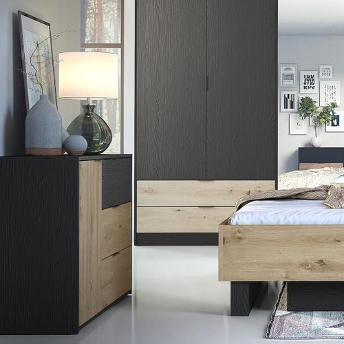 Commode Melody - 3 Tiroirs Et 1 Porte - 139x80x35 Cm - Noir Graphite Et Chêne Clair