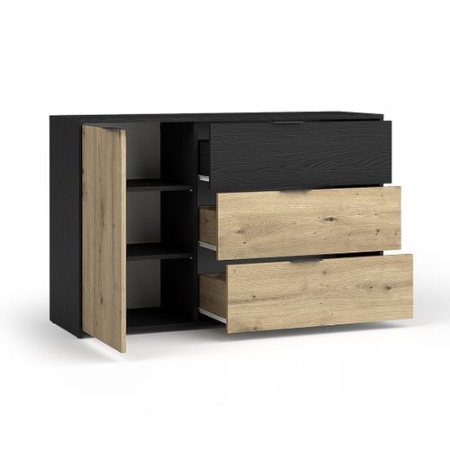 Commode Melody - 3 Tiroirs Et 1 Porte - 139x80x35 Cm - Noir Graphite Et Chêne Clair