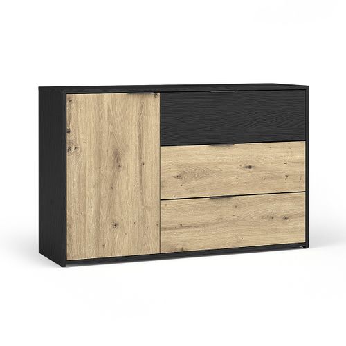 Commode Melody - 3 Tiroirs Et 1 Porte - 139x80x35 Cm - Noir Graphite Et Chêne Clair