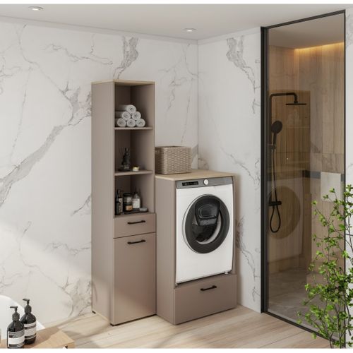 Meuble De Rangement Pour Machine à Laver Collection Washing – 1 Tiroir – Taupe Et Chêne