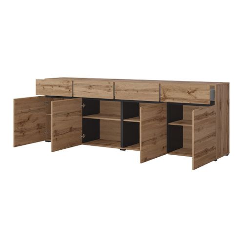 Buffet XL Coloris Chêne Et Noir 225cm Collection Havana. Bahut  Design Avec 4 Portes Et 4 Tiroirs.