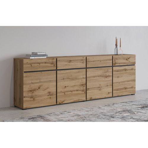 Buffet XL Coloris Chêne Et Noir 225cm Collection Havana. Bahut  Design Avec 4 Portes Et 4 Tiroirs.