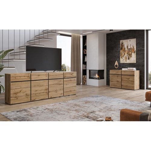 Buffet XL Coloris Chêne Et Noir 225cm Collection Havana. Bahut  Design Avec 4 Portes Et 4 Tiroirs.