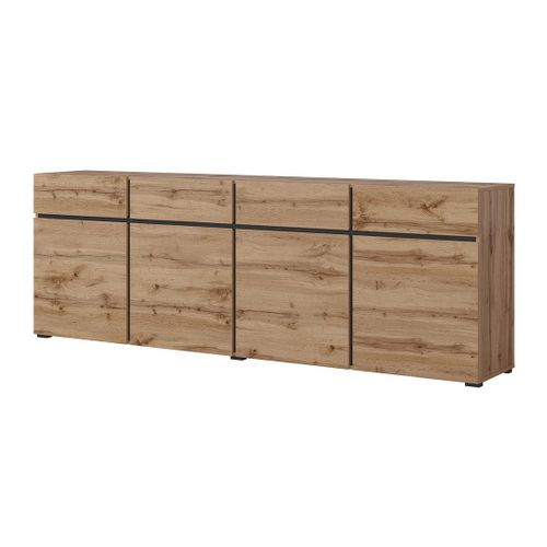 Buffet XL Coloris Chêne Et Noir 225cm Collection Havana. Bahut  Design Avec 4 Portes Et 4 Tiroirs.