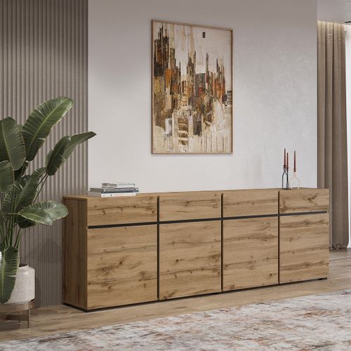 Buffet XL Coloris Chêne Et Noir 225cm Collection Havana. Bahut  Design Avec 4 Portes Et 4 Tiroirs.