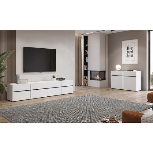 Meuble TV XL Coloris Blanc Et Noir 225cm Collection Havana. Meuble Design Avec 4 Portes Et 4 Tiroir
