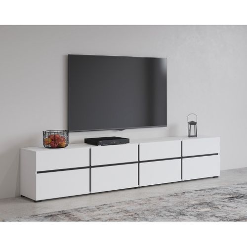 Meuble TV XL Coloris Blanc Et Noir 225cm Collection Havana. Meuble Design Avec 4 Portes Et 4 Tiroir