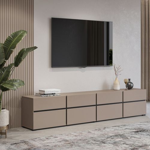 Meuble TV XL Coloris Beige Et Noir 225cm Collection Havana. Meuble Design Avec 4 Portes Et 4 Tiroir
