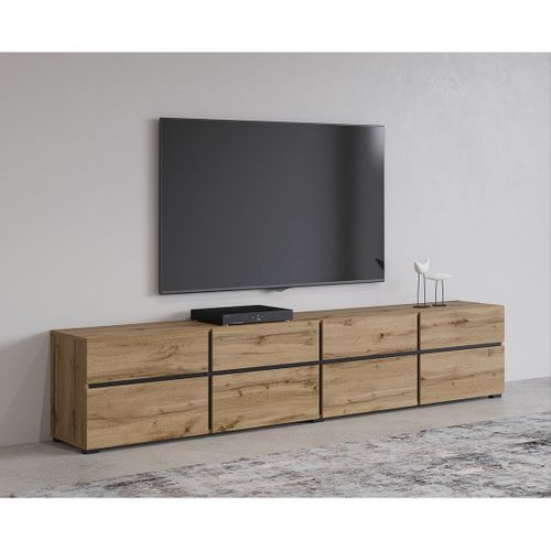 Meuble TV XL Coloris Chêne Et Noir 225cm Collection Havana. Meuble Design Avec 4 Portes Et 4 Tiroir