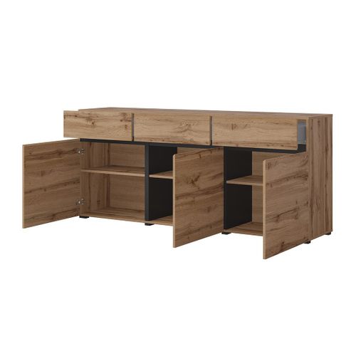 Buffet Coloris Chêne Et Noir 180cm Collection Havana. Bahut  Design Avec 3 Portes Et 3 Tiroirs.