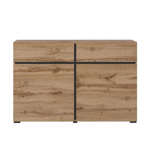 Buffet 120cm Coloris Chêne Et Noir Collection Havana. Bahut  Design Avec 2 Portes Et 2 Tiroirs.