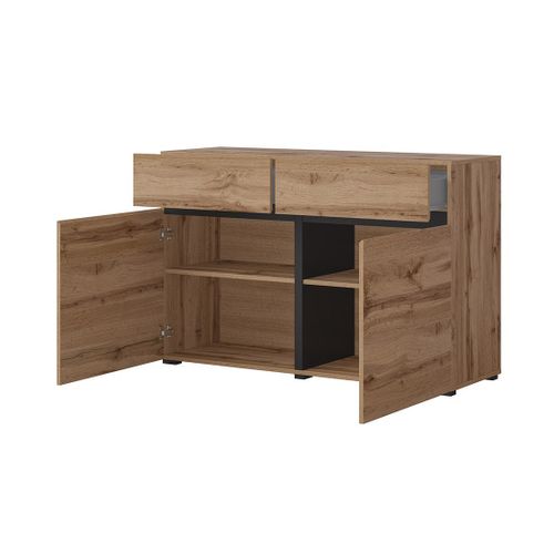 Buffet 120cm Coloris Chêne Et Noir Collection Havana. Bahut  Design Avec 2 Portes Et 2 Tiroirs.