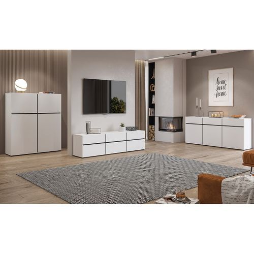 Buffet Haut Coloris Blanc Et Noir L120xh140xp40 Collection Havana. Bahut Haut Design Avec 4 Portes