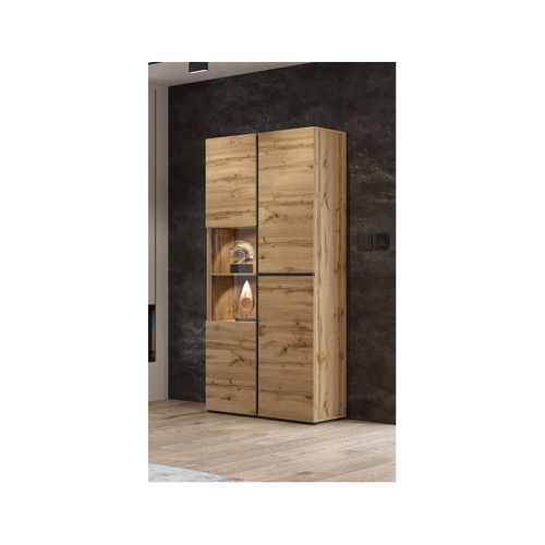 Vitrine Haute 2 Portes Collection Havana. Coloris Chêne Et Noir.