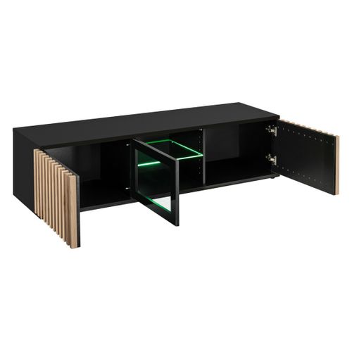 Meuble TV 160cm Coloris Chêne Et Noir Collection Dean. Meuble Design Avec 2 Portes Et 2 Niches.