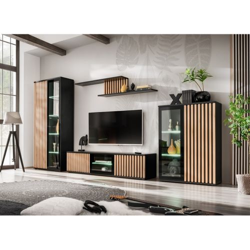 Meuble TV 160cm Coloris Chêne Et Noir Collection Dean. Meuble Design Avec 2 Portes Et 2 Niches.