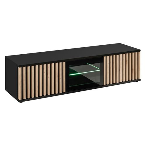 Meuble TV 160cm Coloris Chêne Et Noir Collection Dean. Meuble Design Avec 2 Portes Et 2 Niches.