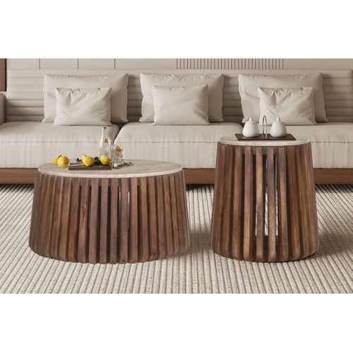 Table Basse Ronde En Bois Massif Collection Delhi Diamètre 70cm - Style Ethnique Et Design