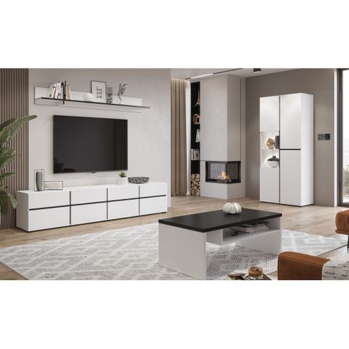 Table Basse Havana – Blanc Mat Et Noir – Plateau Noir Mat – Avec Niche – Design Moderne