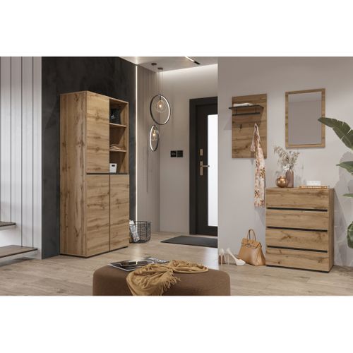 Vitrine Haute 2 Portes Collection Havana Avec LED Intégrée. Coloris Chêne Et Noir.