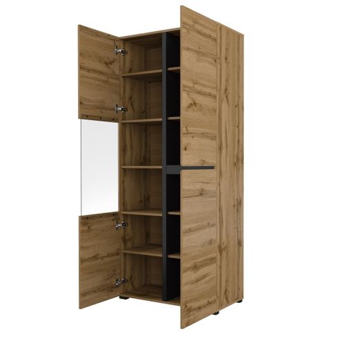 Vitrine Haute 2 Portes Collection Havana Avec LED Intégrée. Coloris Chêne Et Noir.