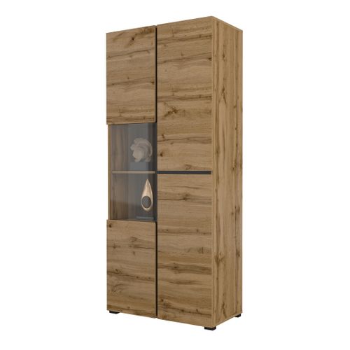 Vitrine Haute 2 Portes Collection Havana Avec LED Intégrée. Coloris Chêne Et Noir.