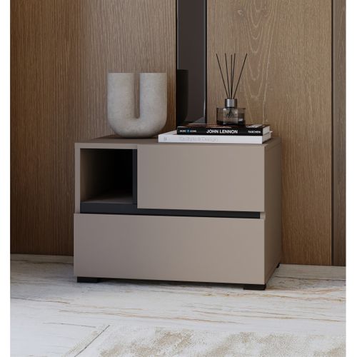 Table De Chevet Havana Beige Et Noir – 2 Tiroirs Et 1 Niche – Rangement Moderne Et Design Élégant