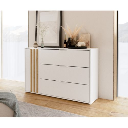 Commode Florence – Blanc Et Chêne – 1 Porte + 3 Tiroirs – Soft Close – Design Contemporain