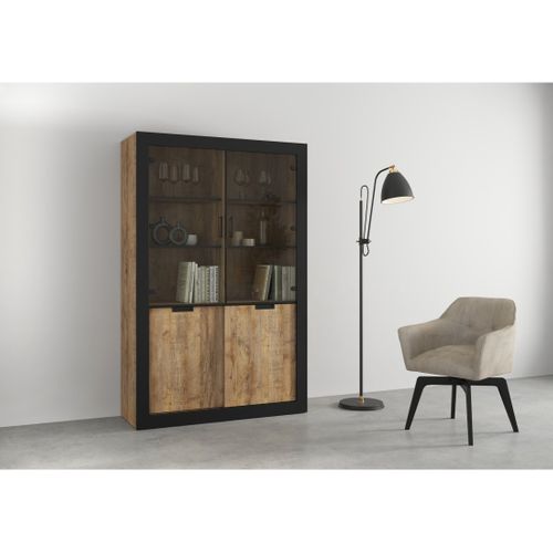 Vitrine Design Collection Meunier Coloris Chêne Samdal Et Noir Mat – 4 Portes