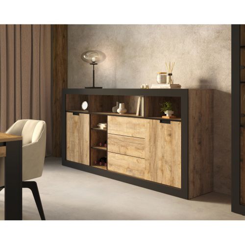 Buffet Haut XL Meunier – 2 Portes Coulissantes, 3 Tiroirs et 6 Niches – Chêne Samdal et Noir Mat
