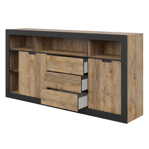 Buffet Haut XL Meunier – 2 Portes Coulissantes, 3 Tiroirs et 6 Niches – Chêne Samdal et Noir Mat